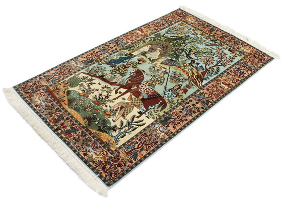 Image 1 of Kashmir original Noué à la main Soie pure sur soie Motifs de chasse 153 X 93 Cm Nouveau tapis