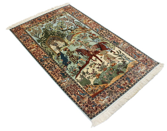 Image 1 of Kashmir original Noué à la main Soie pure sur soie Motifs de chasse 153 X 93 Cm Nouveau tapis