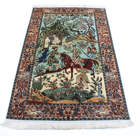 Image 1 of Kashmir original Noué à la main Soie pure sur soie Motifs de chasse 153 X 93 Cm Nouveau tapis