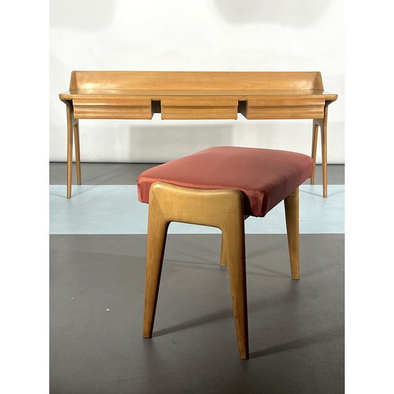 Image 1 of Table de toilette en bois du Mid Century avec tabouret, Italie 1950