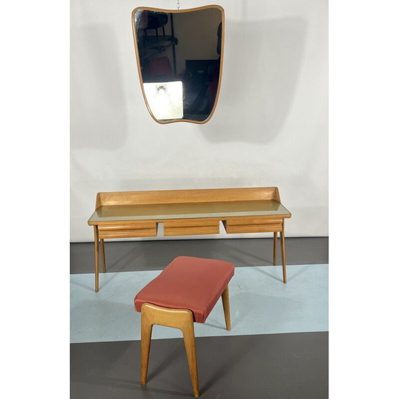 Image 1 of Table de toilette en bois du Mid Century avec tabouret, Italie 1950