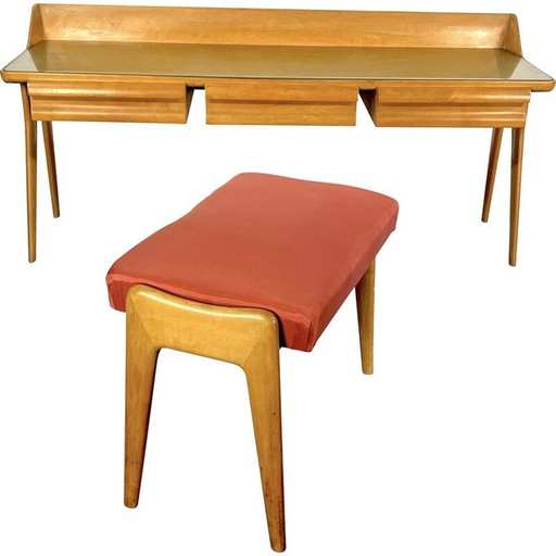 Table de toilette en bois du Mid Century avec tabouret, Italie 1950