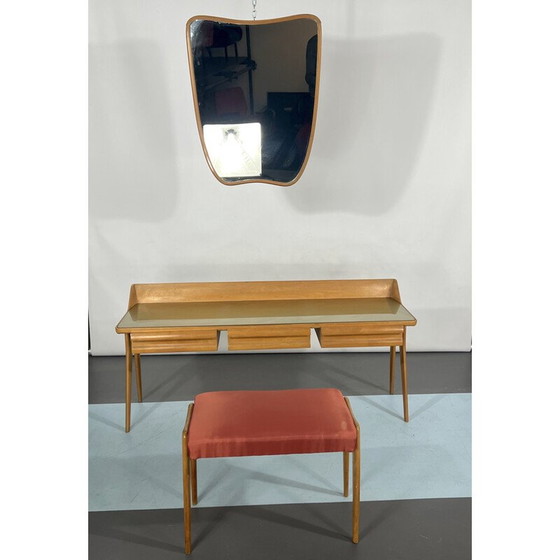 Image 1 of Table de toilette en bois du Mid Century avec tabouret, Italie 1950