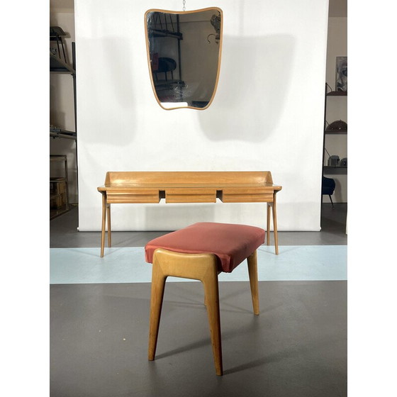 Image 1 of Table de toilette en bois du Mid Century avec tabouret, Italie 1950