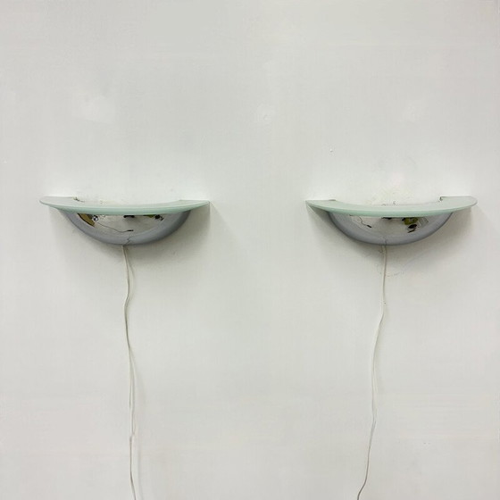 Image 1 of Paire d'appliques vintage en chrome et verre, années 1980