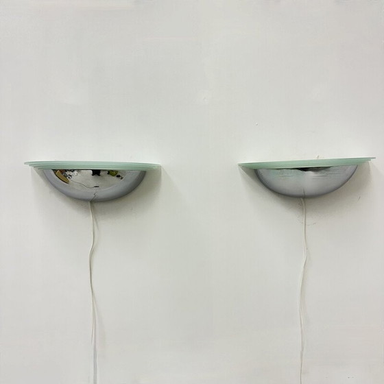 Image 1 of Paire d'appliques vintage en chrome et verre, années 1980