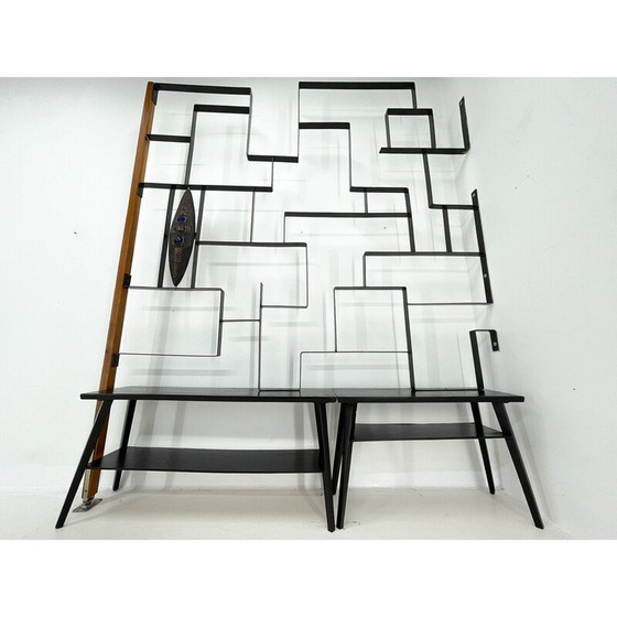 Image 1 of Séparateur vintage avec deux bancs en métal et bois par Jelínek, 1960