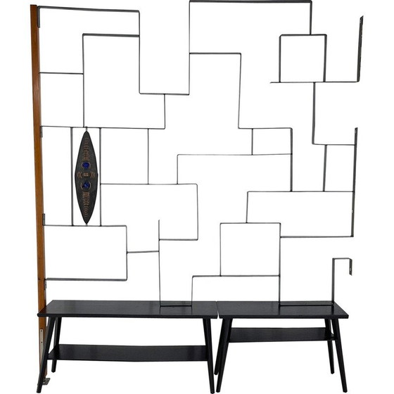 Image 1 of Séparateur vintage avec deux bancs en métal et bois par Jelínek, 1960