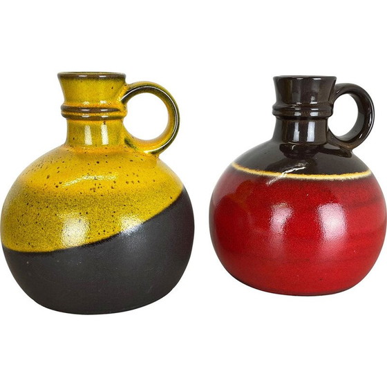 Image 1 of Paire de vases vintage en céramique "rouge jaune" de Steuler, Allemagne, années 1970