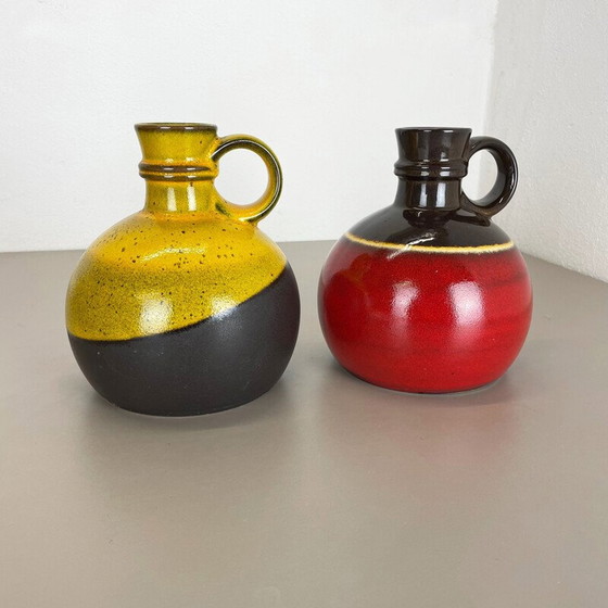 Image 1 of Paire de vases vintage en céramique "rouge jaune" de Steuler, Allemagne, années 1970