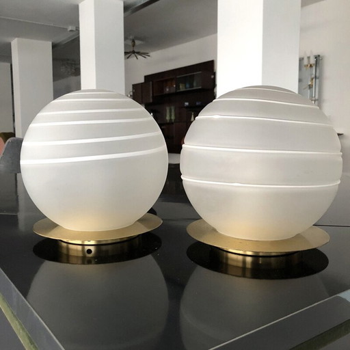 Paire de lampes de table vintage en laiton et verre de Murano 1970