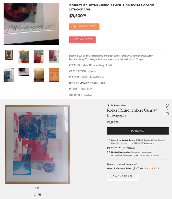 Image 1 of Robert Rauschenberg, Carrière. Signé au crayon. Encadré.