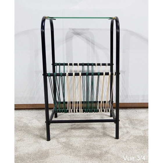 Image 1 of Table d'appoint vintage en tube métallique et verre transparent avec porte-revues, 1950