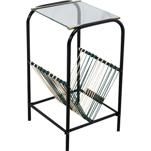 Table d'appoint vintage en tube métallique et verre transparent avec porte-revues, 1950