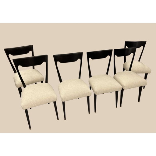 Ensemble de 6 chaises vintage en bois laqué noir, Italie 1950