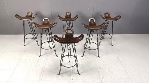 Tabourets de bar vintage en fer forgé espagnol, 1960S - Lot de 6