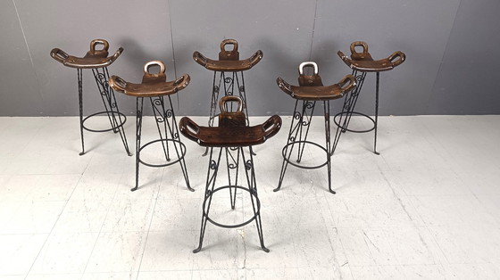 Image 1 of Tabourets de bar vintage en fer forgé espagnol, 1960S - Lot de 6