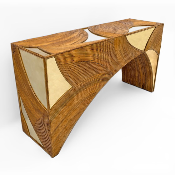 Image 1 of Console centrale italienne moderne du milieu du siècle en rotin et laiton par Vivai Del Sud, 70S