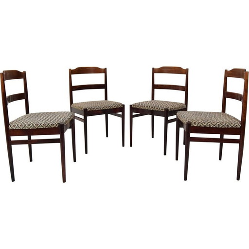 Ensemble de 4 chaises en tissu et bois du milieu du siècle, Mid Century, Tchécoslovaquie, années 1970