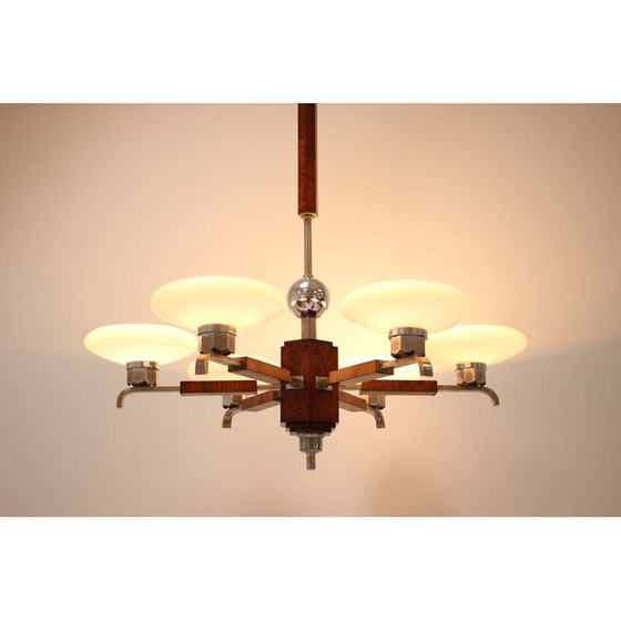 Image 1 of Lustre vintage art déco en bois et placage de noyer, Tchécoslovaquie 1930