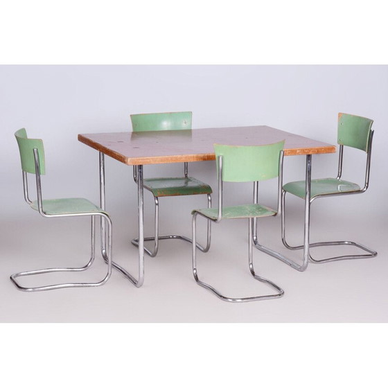 Image 1 of Table de salle à manger vintage Bauhaus en acier chromé et bois d'épicéa pour Mücke Melder, Tchécoslovaquie 1930