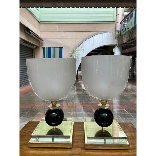 Paire de lampes vintage en laiton et verre par Vetreria Vistosi, 1980