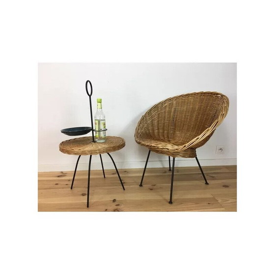 Image 1 of Table d'appoint portable en osier et métal, 1950