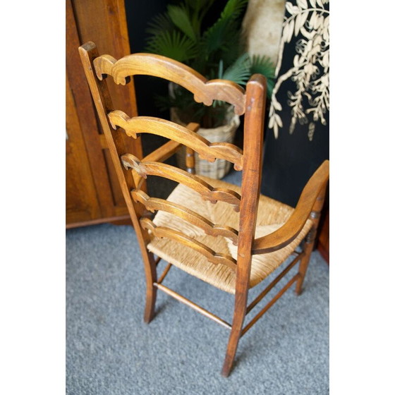 Image 1 of Chaise vintage en chêne massif avec dossier en échelle et assise en jonc, Angleterre 1920