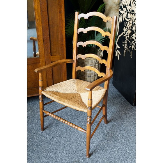 Image 1 of Chaise vintage en chêne massif avec dossier en échelle et assise en jonc, Angleterre 1920