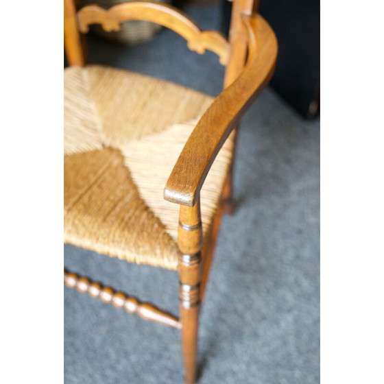 Image 1 of Chaise vintage en chêne massif avec dossier en échelle et assise en jonc, Angleterre 1920