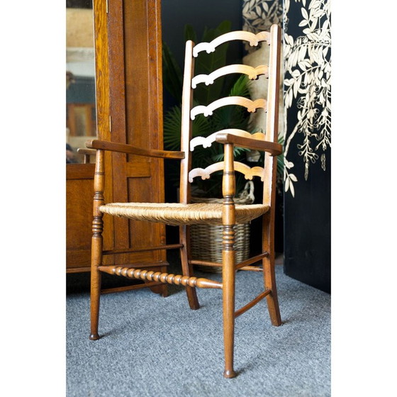 Image 1 of Chaise vintage en chêne massif avec dossier en échelle et assise en jonc, Angleterre 1920