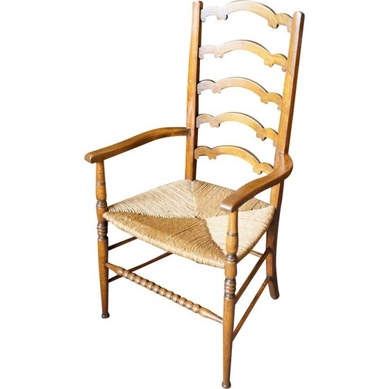 Image 1 of Chaise vintage en chêne massif avec dossier en échelle et assise en jonc, Angleterre 1920
