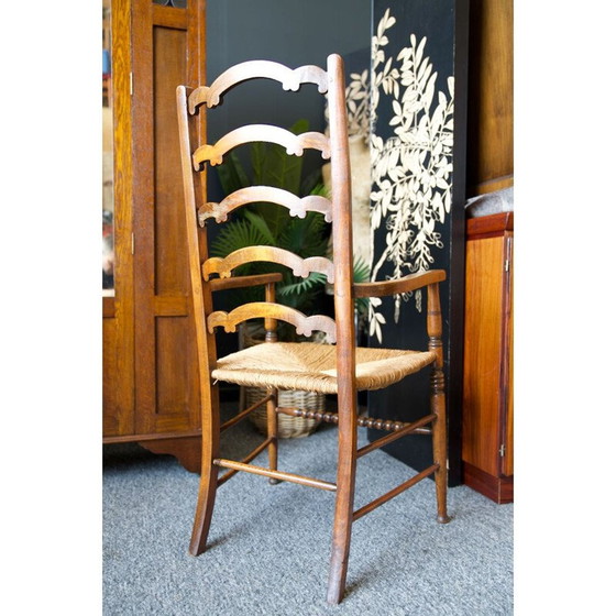 Image 1 of Chaise vintage en chêne massif avec dossier en échelle et assise en jonc, Angleterre 1920