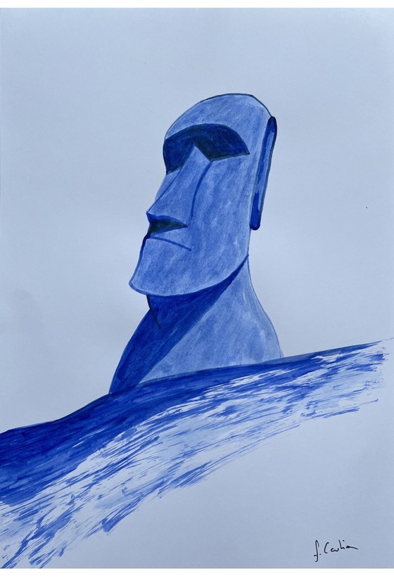 Image 1 of Lot De 3 Encres « Blue Moai » De Frédéric Cadiou