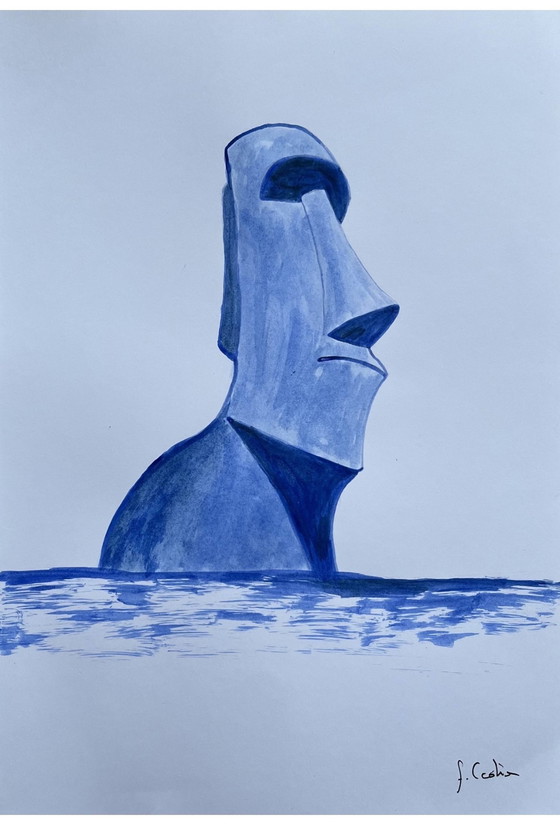 Image 1 of Lot De 3 Encres « Blue Moai » De Frédéric Cadiou