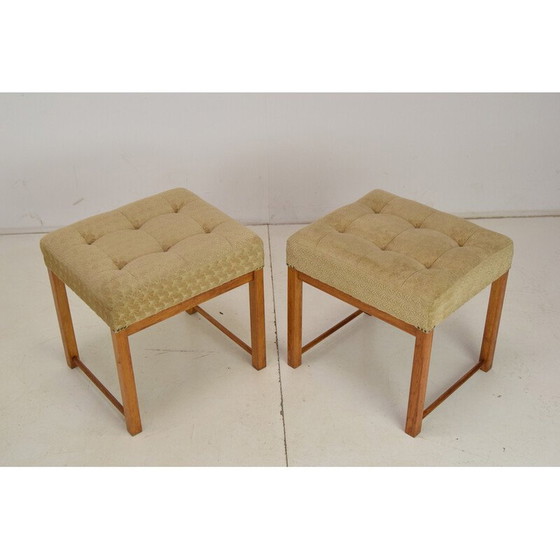 Image 1 of Paire de poufs vintage en tissu et bois, Tchécoslovaquie 1960