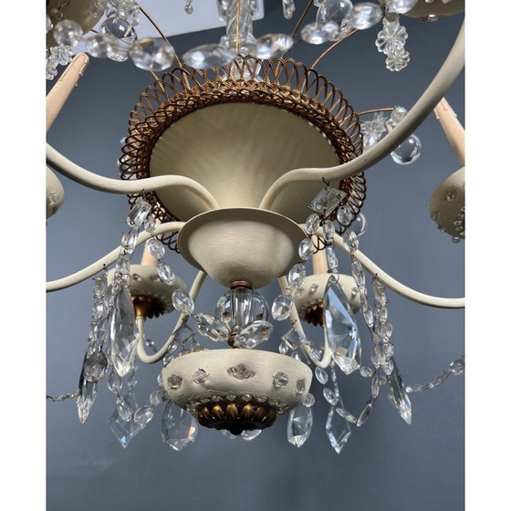 Image 1 of Lustre vintage en tôle laquée et dorée avec cristaux de la Maison Baguès, 1940