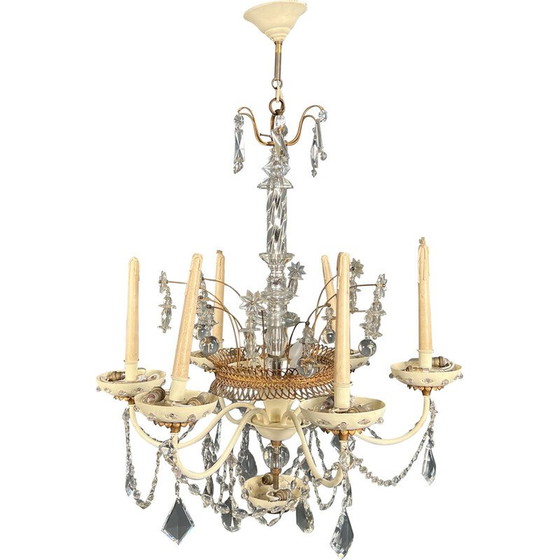 Image 1 of Lustre vintage en tôle laquée et dorée avec cristaux de la Maison Baguès, 1940