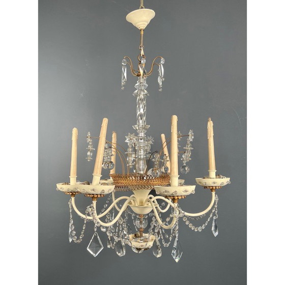 Image 1 of Lustre vintage en tôle laquée et dorée avec cristaux de la Maison Baguès, 1940