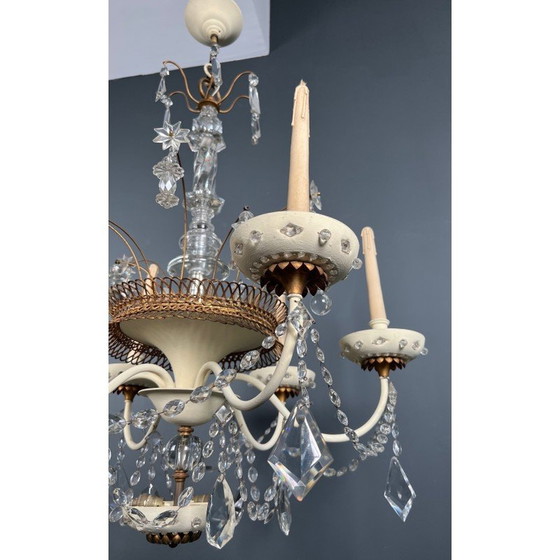 Image 1 of Lustre vintage en tôle laquée et dorée avec cristaux de la Maison Baguès, 1940