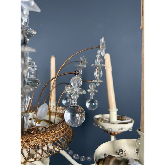 Image 1 of Lustre vintage en tôle laquée et dorée avec cristaux de la Maison Baguès, 1940