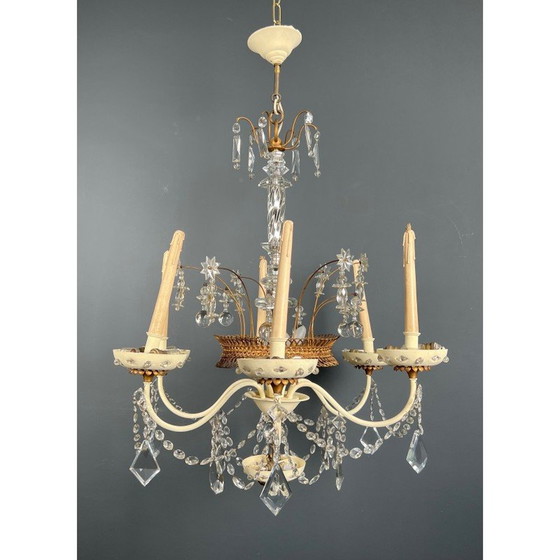 Image 1 of Lustre vintage en tôle laquée et dorée avec cristaux de la Maison Baguès, 1940