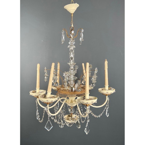Image 1 of Lustre vintage en tôle laquée et dorée avec cristaux de la Maison Baguès, 1940