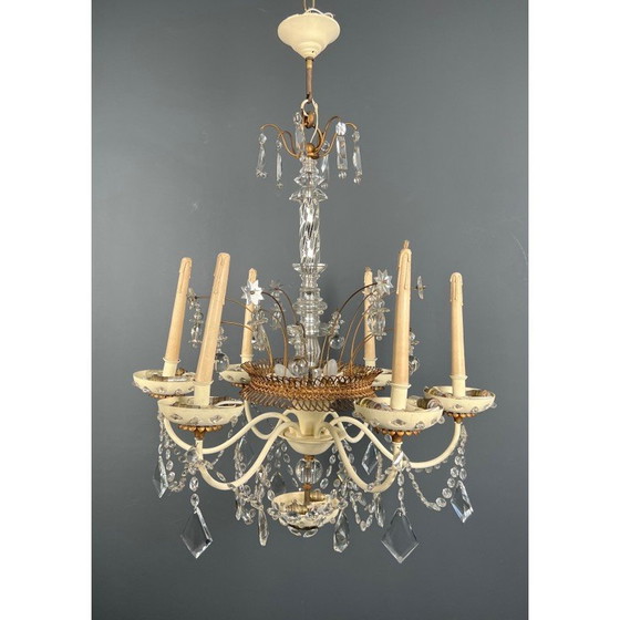 Image 1 of Lustre vintage en tôle laquée et dorée avec cristaux de la Maison Baguès, 1940