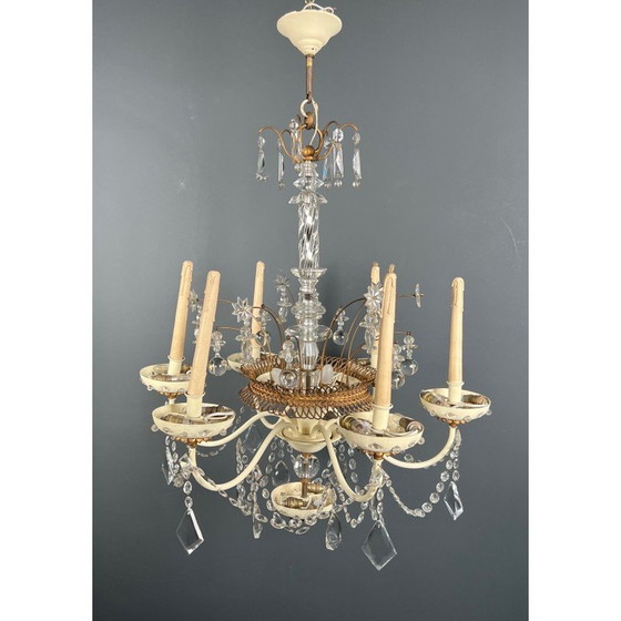 Image 1 of Lustre vintage en tôle laquée et dorée avec cristaux de la Maison Baguès, 1940