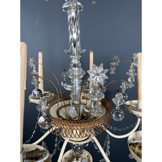 Image 1 of Lustre vintage en tôle laquée et dorée avec cristaux de la Maison Baguès, 1940