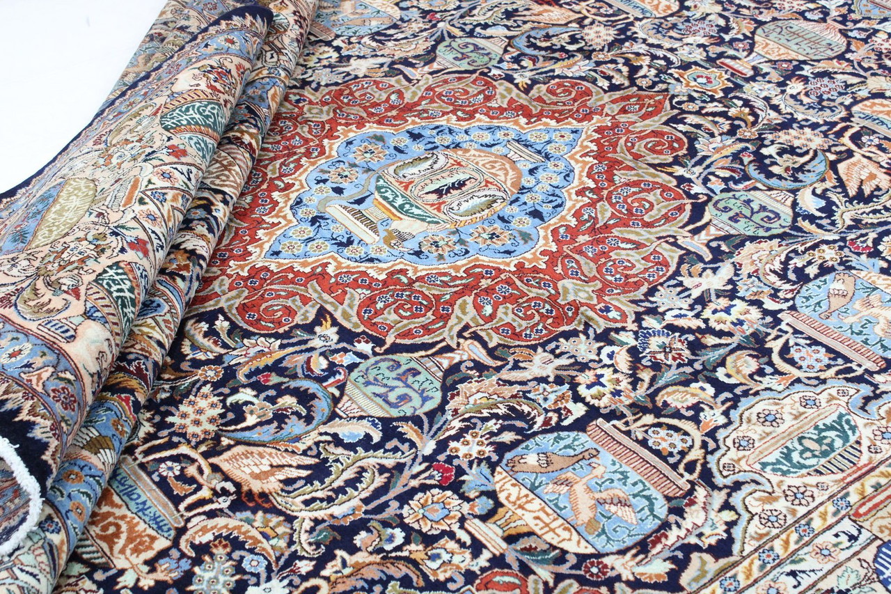 Tapis persan Kerman carré bleu nuit noué à la main, 1'6x1'6 - En vente sur France
