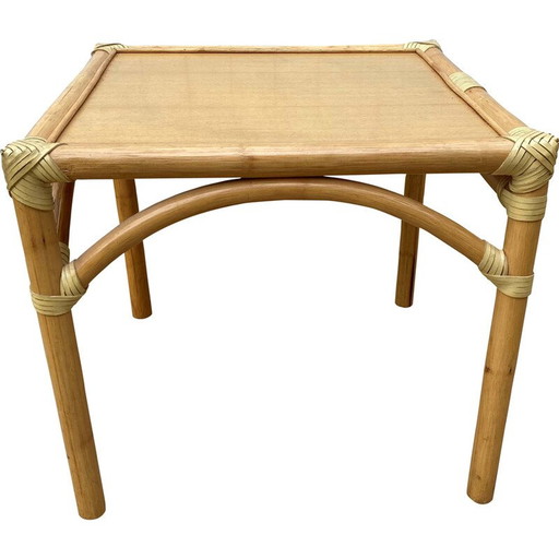 Table basse vintage en rotin et placage de chêne pour Maugrion, 1980