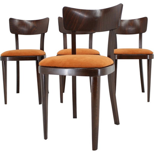 Ensemble de 4 chaises de salle à manger vintage en bois de hêtre teinté, Tchécoslovaquie 1950