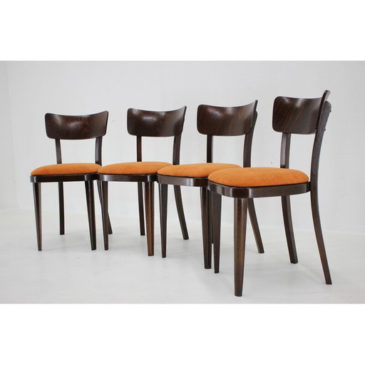 Ensemble de 4 chaises de salle à manger vintage en bois de hêtre teinté, Tchécoslovaquie 1950